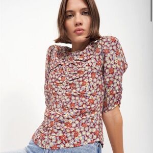 Joie Rust Multi Floral Ruched Puff-Sleeve Blouse